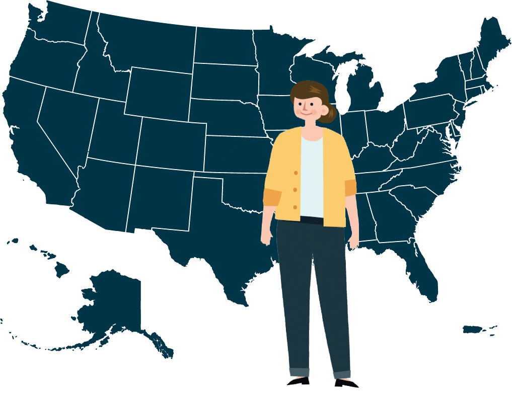 An illustration of a woman standing in front of a map of the United States.
